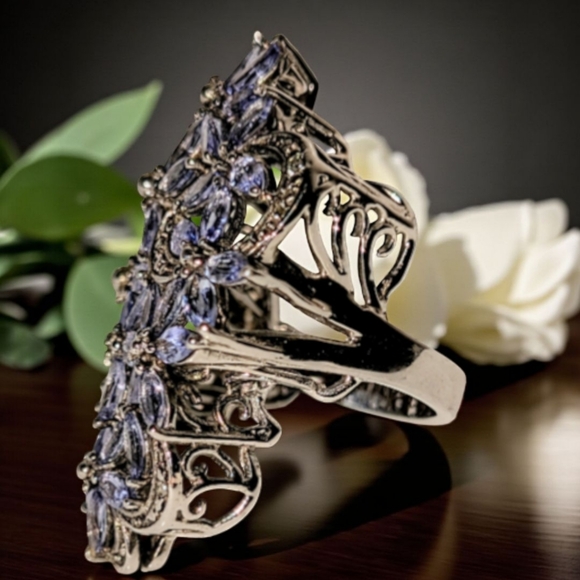 Ornate Tanzenite With Intricate Diamond Accents Sterling Silver Ring - Picture 4 of 11